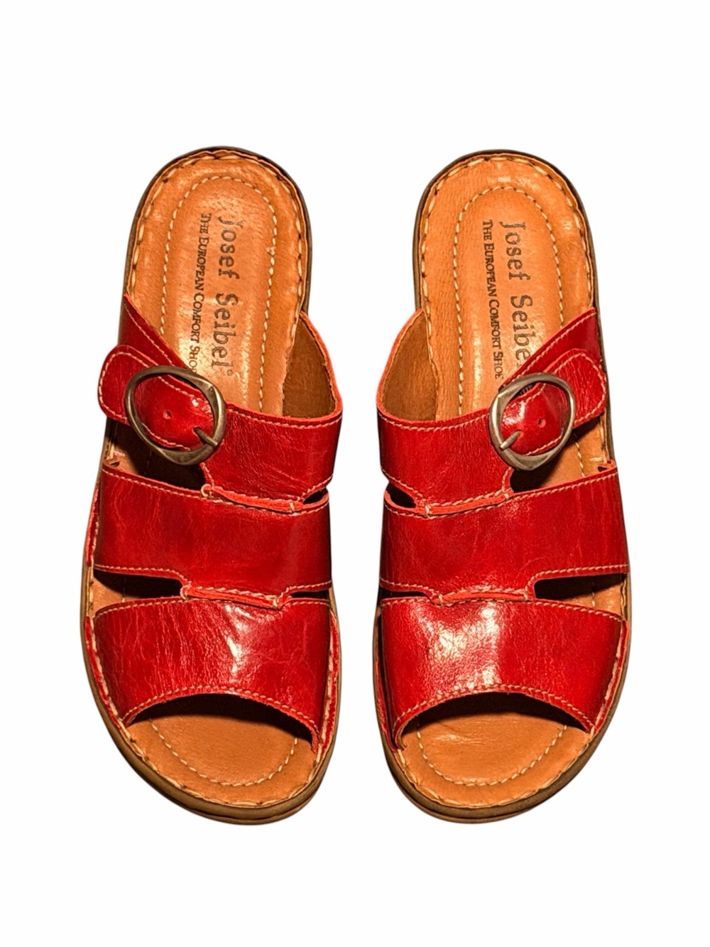 Josef Seibel Red Leather Buckle Slide Sandals